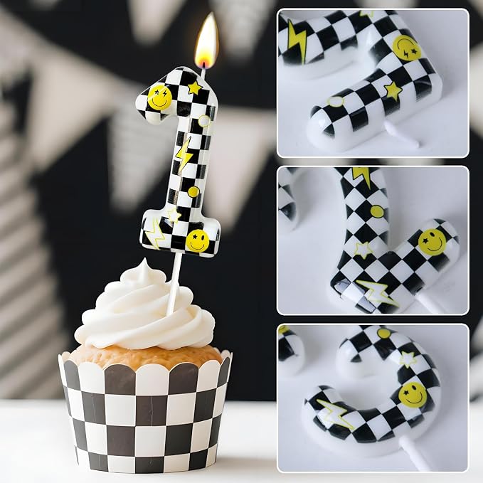 Number 1 Birthday Candle for Cake – Black White Checkered Smiley Face Design with Lightning & Star – One Happy Dude Theme Cake Topper for Birthday Party Decorations