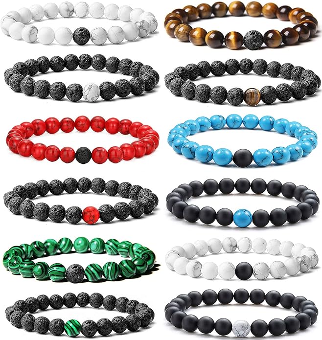 Jewdreamer 12Pcs Distance Relationship Bracelets 8mm Lava Rock Stone Beaded Bracelet for Men Women Stretch Yoga Bracelet Aromatherapy Essential Oil Diffuser Couple Bracelet Set
