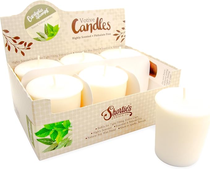 Eucalyptus Spearmint Soy Votive Candles - Scented with Essential & Natural Oils - 6 White Natural Votive Candle Refills - Fresh & Clean Collection