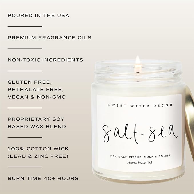Sweet Water Decor Salt and Sea Candle - Sea Salt, Citrus, Amber, Musk, Beach Scented Soy Candles for Home - Coastal Decor for Beach Lovers - 9oz Clear Jar, 40 Hour Burn Time, Made in The USA