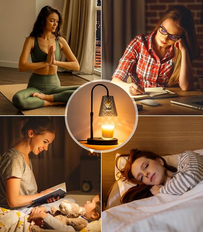 Candle Warmer with Timer - Electric Candle Warmer with Dimmer, Adjustable Height, Vintage Nightstand Lamp Sets (Diamond Pattern)