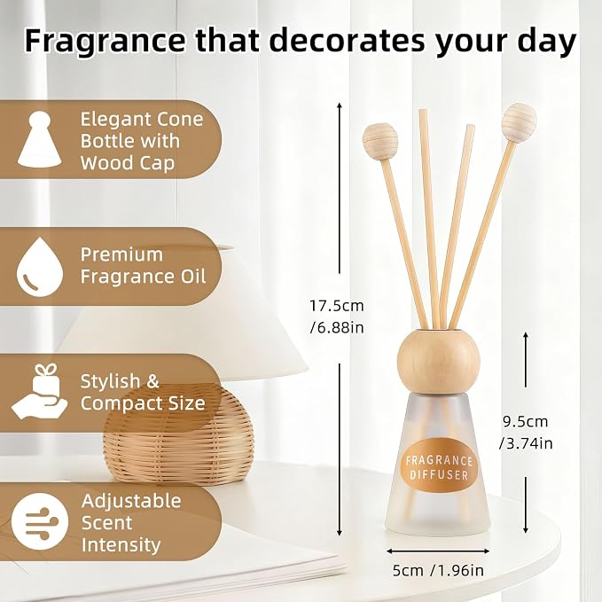 Reed Diffuser Set, Evening Gardenia Scent with Reed Sticks, 1.7 fl oz / 50ml Cone-Shaped Bottle with Round Wooden Cap, Ideal for Bathroom, Bedroom, Office, Home Fragrance for Shelf Decor Air Freshener