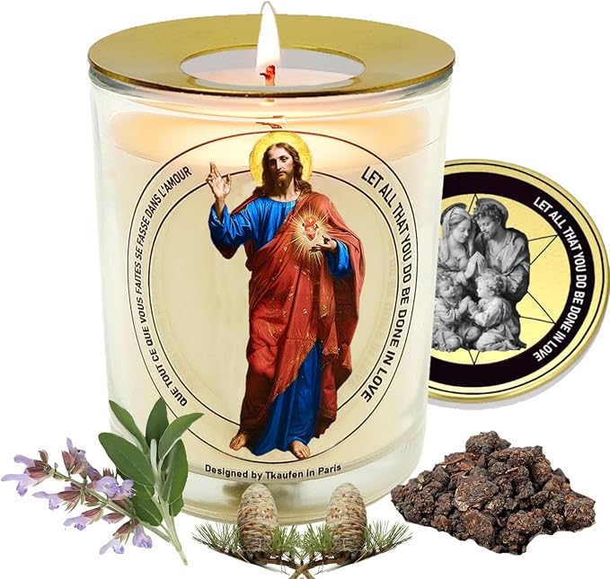 Sacred Heart Jesus Frankincense Sage Scented Candle 50 Hours with Warmer Ring│Hand-Poured Soy Wax│Family Protection, Success, Redemption, Healing, Forgiveness│Design in Paris│3“×3.6”
