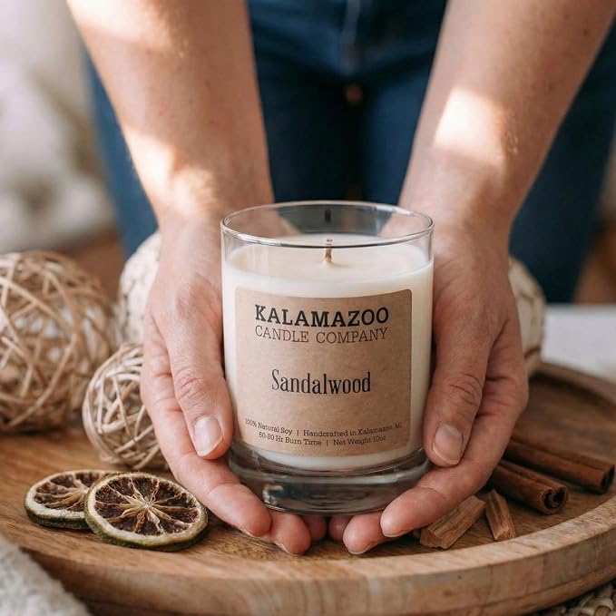 Kalamazoo Candle Company Hand-Poured Soy Wax Candle – 10oz Classic Jar, 60-80 Hour Burn Time – Made in USA, Highly Scented, Phthalate-Free (Sandalwood)