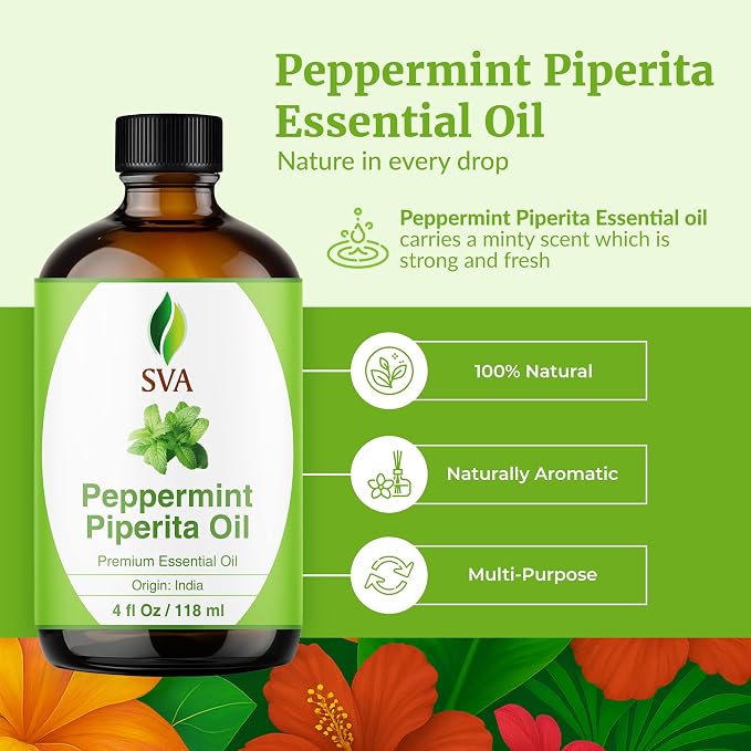 SVA Peppermint Piperita Essential Oil – 4 Fl Oz – 100% Natural Piperita Oil - for Diffuser, Hair Care, Face, Skin Care, Aromatherapy, Scalp and Body Massage, Soap and Candle Making - with Dropper