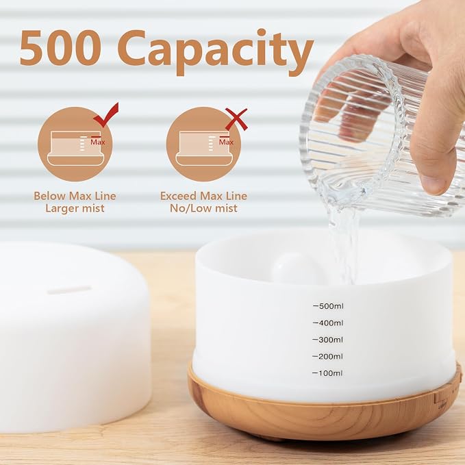 SACATR 500ML Aroma Diffuser for Home, Ultrasonic Quiet Essential Oil Diffuser with 36 Natural Oils, 15 LED Colors, Remote Control & Auto Shut-Off for Home Office Decor Gift
