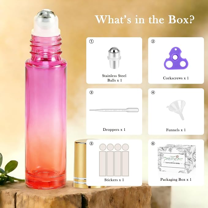 PrettyCare 4 Pack, 10 ml Essential Oil Roller Bottles with Stainless Steel Roller Ball - Refillable Leak-proof Empty Thick Red & Purple Glass Roll on Bottles with Golden Caps for Travel, Perfume