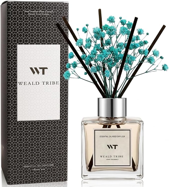 WEALD TRIBE Reed Diffuser Set for Bathroom Air Fresheners with Real Flower, Oil Diffuser Stick | Ocean Mist & Sea Salt Scent 5.1 fl oz Home Fragrance with Sticks Defusers | House Office Shelf Decor