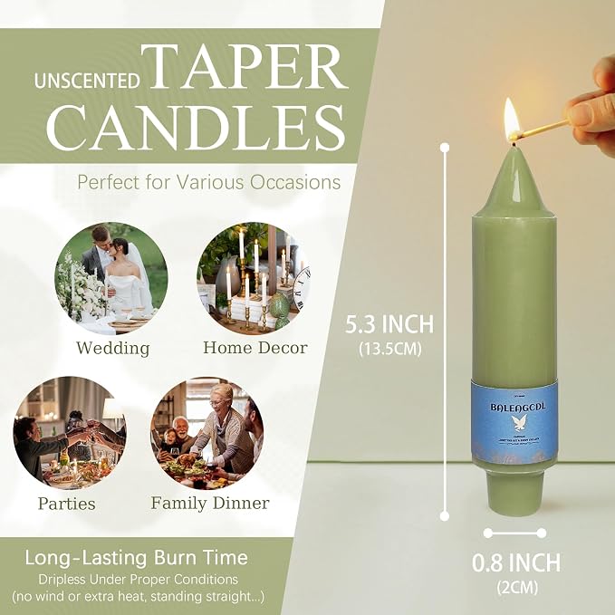 Smokeless Candlesticks Short Taper Candle,Unscented 5 Inches Grass Green Candle Sticks Dripless Tapered Candles for Home Décor Weddings Seasons Gifts(4pcs-Grass Green)