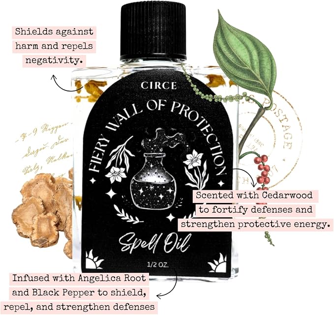 CIRCE Fiery Wall of Protection Spell Oil - for Security, Grounding & Boundaries- Add to Bath, Use in Rituals, Wear as Fragrance to Align w/Desires- Coconut Oil, Angelica Root & Black Pepper- 1/2oz