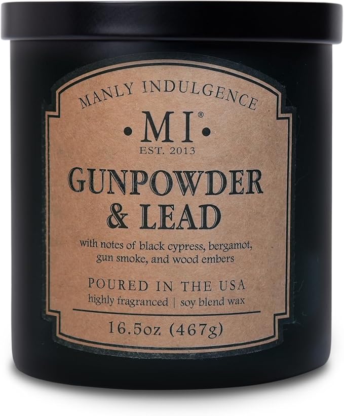 Manly Indulgence Gunpowder & Lead Candles for Men, 2 Wick, 16.5 oz, Premium Soy Blend Wax, 60H Burn, Candles for Home Scented - Made in The USA