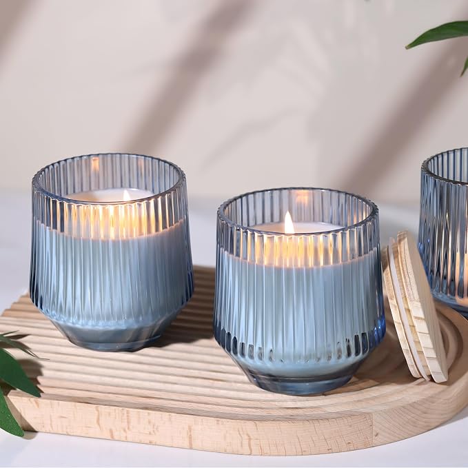 simeitol 13 OZ Blue Large Candle Jars for Making Candles - 6 Pack Glass Candle Jars Bulk with Vertical Striped, Candle Vessels Supplies with Bamboo Lids and Candle Wick Kit, for DIY & Home