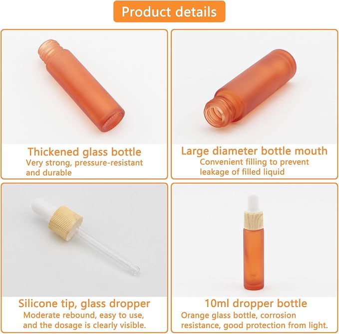 Ellbest 10ml Essential Oil Glass Dropper Bottle, 10pcs Small Glass Bottles with Eye Dropper, Refillable Sample Vials with Funnels & Dropper for Travel (Matte Orange)