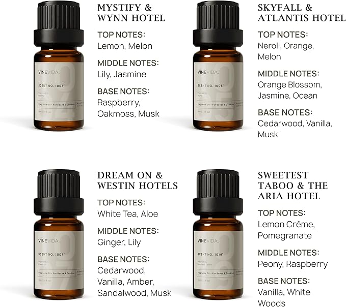 VINEVIDA Luxury Hotel Scent Collection - Set of 8 Premium Fragrance Oils - 5 Star Hotel Essential Oil, Fragrance for Home Diffusers, Soap & Candle Making