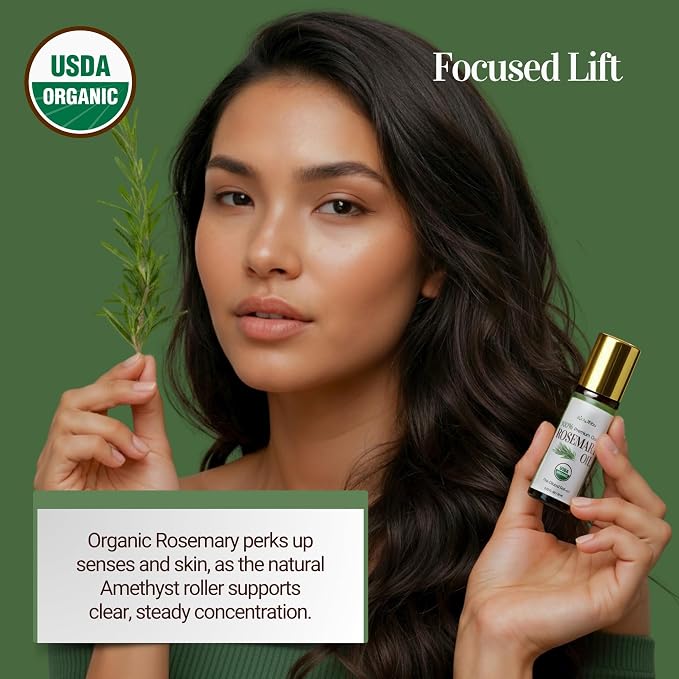 BodyJ4You Rosemary + Eucalyptus Essential Oil Roll On Duo - Pure 100% USDA Organic MCT Coconut Oil - Amethyst and Fluorite Stone Rollers - Scalp Massage Focus Breathwork Cooling Temples Chest Wrist -