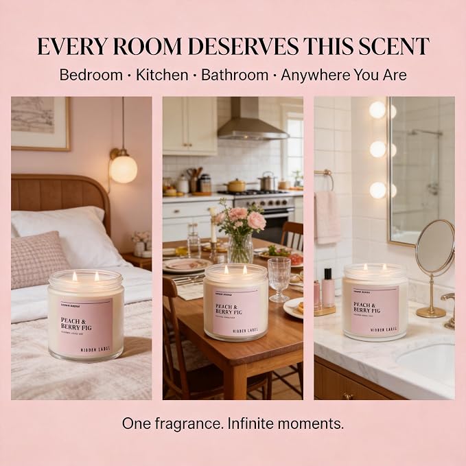 Hidden Label Peach Berry Fig Soy Candle, 12oz 2-Wick, 70H Fruity Warmth | Non-Toxic Natural Wax, Paraben & Phthalate-Free, Clean Burn | Elegant Home Decor & Gift-Ready | Stress Relief & Mood Uplift