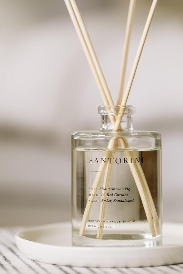 Brooklyn Candle Studio Reed Scent Diffuser - Santorini - Relaxing Oil Diffuser, Sandalwood & Amber Fragrance, 8 Rattan Diffuser Reeds, Clean Ingredients - 4.4oz