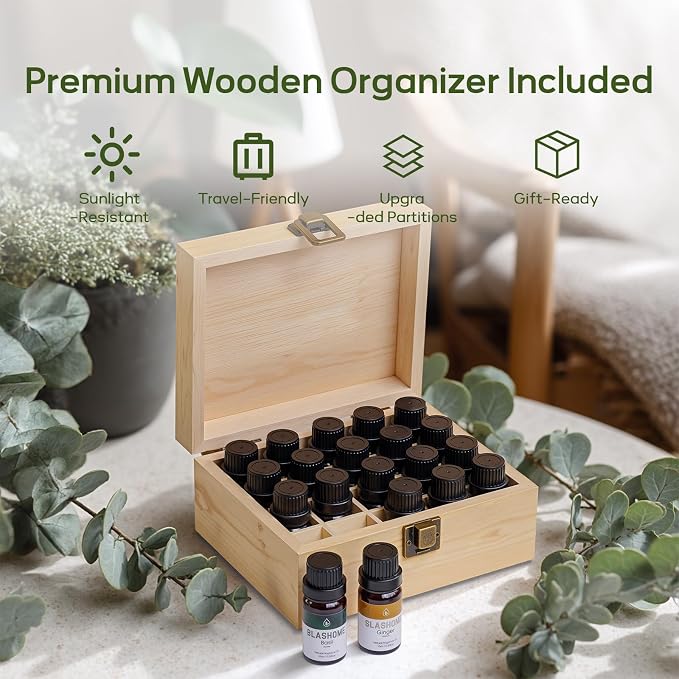20 Pack Essential Oils for Diffusers for Home - Water Soluble Diffuser Oils Set for Humidifiers & Spa, Scented Oil with Wooden Gift Box for Women - Lavender, Peppermint, Sweet Orange, Tea Tree & More