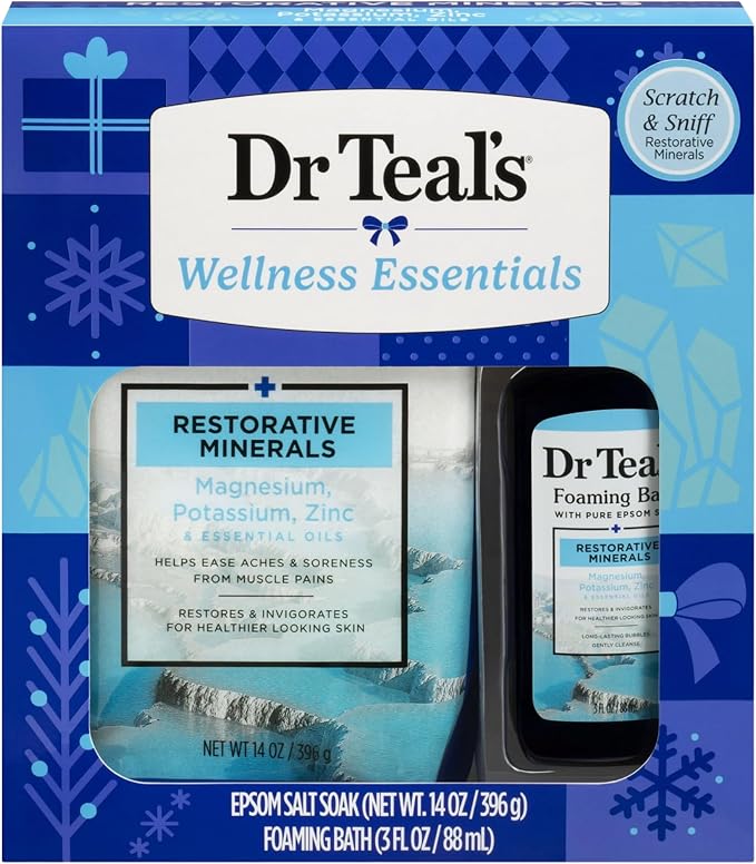 Dr Teal's Holiday Limited Edition Bath Gift Set | Epsom Salt Soak and Foaming Liquid, 14 oz Salt, 3 fl oz Bath (Fresh Minerals)