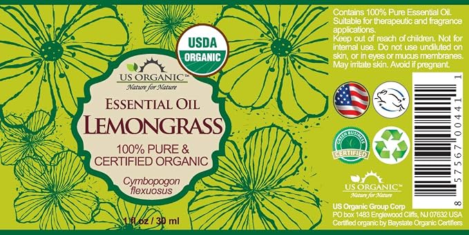 US Organic 100% Pure Lemongrass Essential Oil, USDA Certified Organic, Extracted by Steam Distillation Method, for Hair, Nail Polish Remover, Bees Attraction, and More. 30 ml