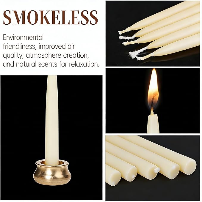 20 Minute Meditation Candles, 40 Pack White Beeswax Candles with Brass Candle Holders, Dripless Beeswax Taper Candles Gift for Yoga Relaxation