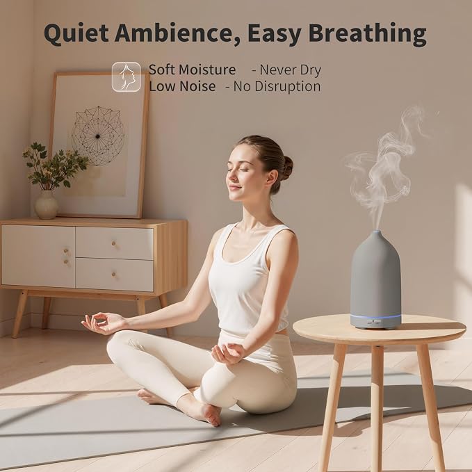 URPOWER 120ML Essential Oil Diffuser Aromatherapy Diffuser Oil Machine with Elegant Gray Ceramic Design Ultrasonic Cool Mist Humidifier with 7 LED Lights, Auto-Off for Home Decor & Relaxation Office