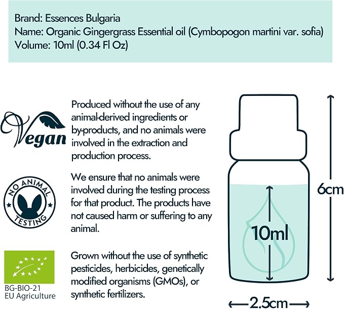 Essences Bulgaria Organic Gingergrass Essential Oil 0.34 Fl Oz | 10ml | Cymbopogon Martini VAR. Sofia | 100% Pure and Natural | Undiluted | Therapeutic Grade | Aromatherapy | Cosmetics | Cruelty Free