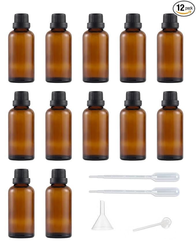 12 Pack Set 50ML Empty Refillable Travel Essential Oil Bottle Amber Glass Bottle with Orifice Reducer Container Aromatherapy Storage Vials (12-50ML)
