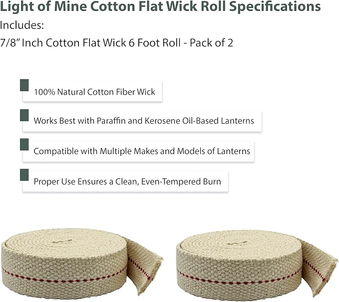 Light of Mine - 7/8" Inch 6' Foot, 100% Cotton Flat Wick - 2 Pack, for Paraffin Oil, Kerosene Based Lanterns, and Oil Lamps with Genuine Red Stitch (7/8" - 6' Roll, 2 Pack)