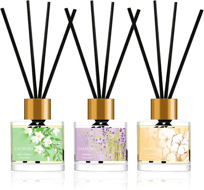 CALMORA Reed Diffuser Gift Set of 3, 50ml Home Fragrance Diffuser with 15 Reeds Sticks | Flameless Lily & Jasmine/Lavender/Fresh Linen Scented Oil for Women, Mom, Housewarming