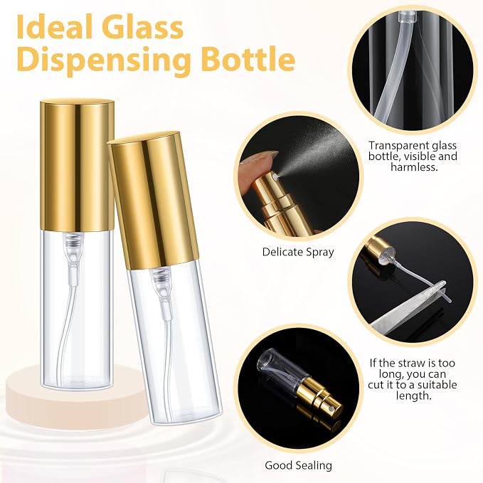 Yinder 25 Pcs 5ml Travel Spray Bottle Refillable Perfume Atomizer Bulk Glass Mini Cologne Perfume Bottles Empty Fine Mist Portable Small Sample Containers(Gold)