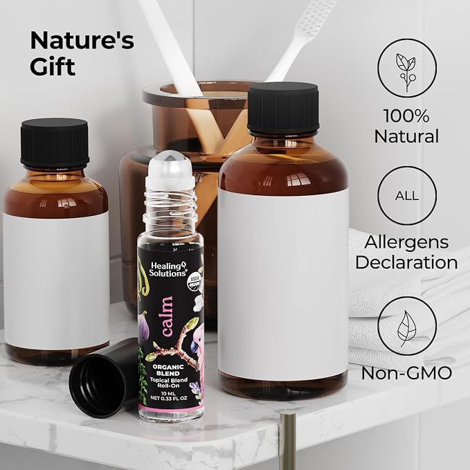 Healing Solutions - Organic Calm Blend Essential Oil Roll On USDA Certified Perfume, Sleep, Massage, Aromatherapy - 10ml