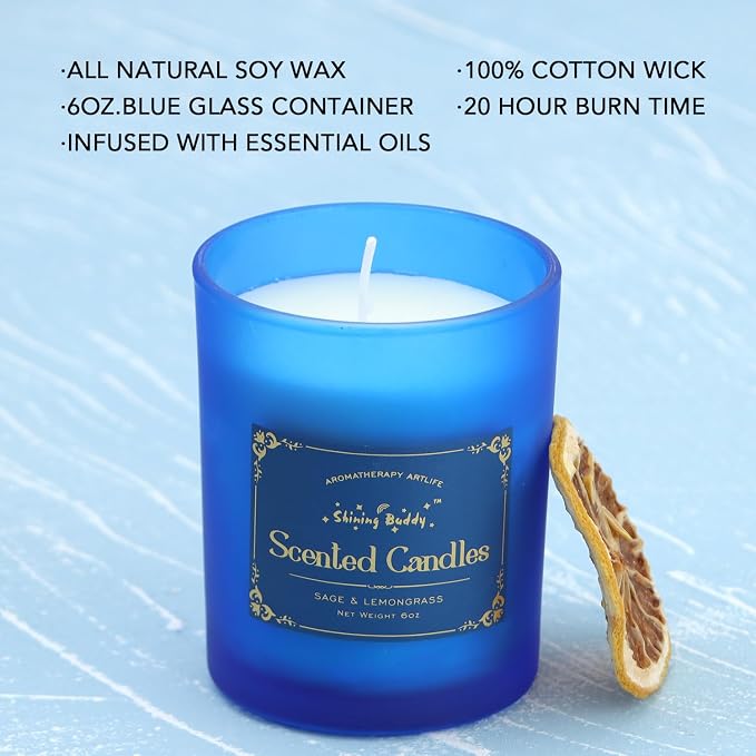 Sage & Lemongrass Scented Soy Candles for Home Spa Aromatherapy Candles with Natural Essential Oils | Long-Lasting Outdoor/Indoor Use, Calm Relaxation Gifts– 6OZ