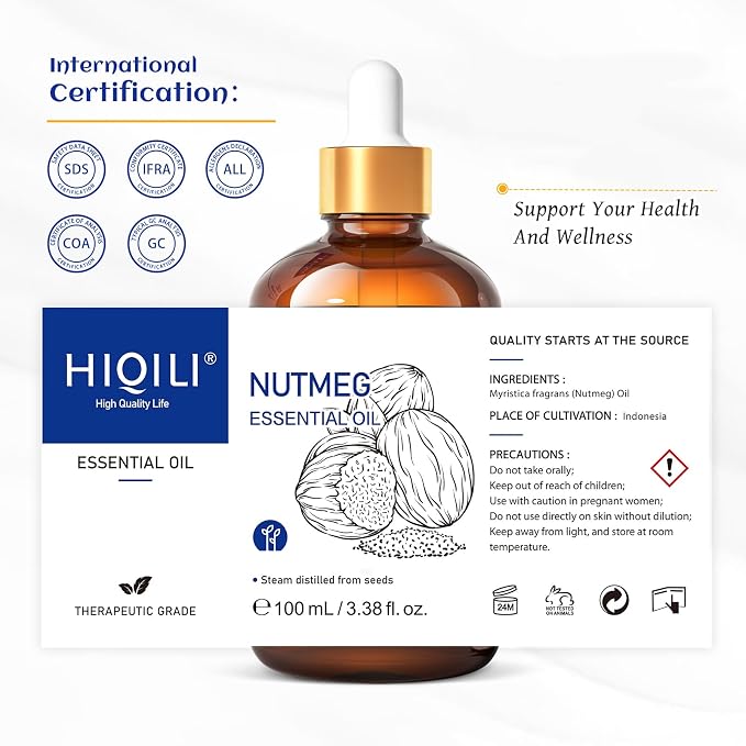 HIQILI Nutmeg Essential Oil 3.38 Fl Oz, Nutmeg Oil for Aromatherapy, Diffuser - 100ml