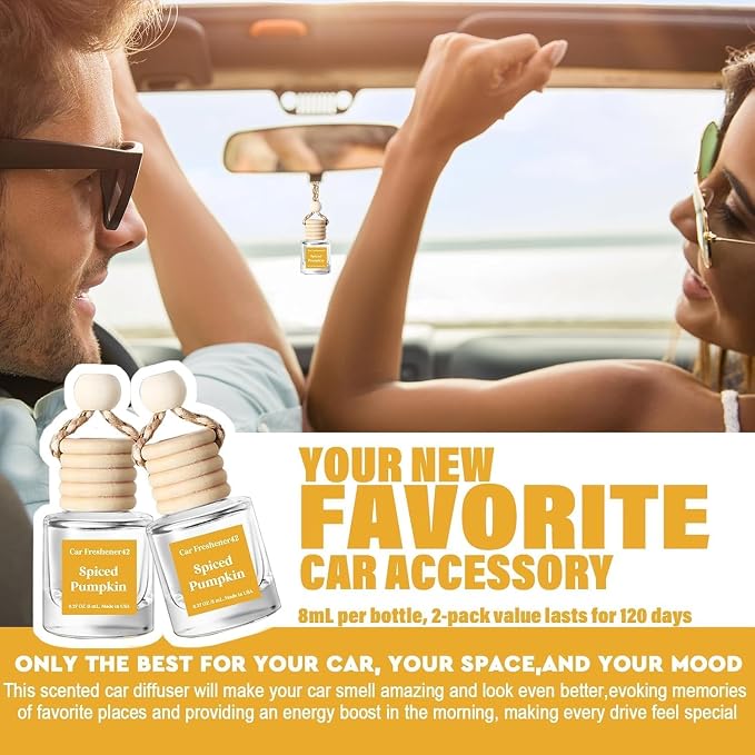 C Classy Hanging Car Air Freshener 2 Pack, Spiced Pumpkin Essential Oil Diffuser, Long-Lasting Fragrance, Cute Glass Bottle Car Accessories for Women & Men, Made in USA