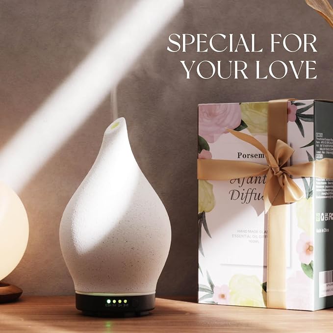 Porseme 150ml Essential Oil Diffuser Ceramic Color Changing Aroma Air Diffusers Aromatherapy Ultrasonic Cool Mist Humidifier 6 Running Hours for Sleeping Yoga Office Spa(White Ceramic, Black Base)