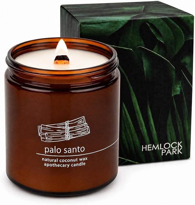 Hemlock Park Palo Santo Apothecary Scented Candle | Crackling Wood Wick, Botanical Fragrance & Coconut Apricot Wax | Up to 80 Hour Burn Time | 16 oz | Made in USA