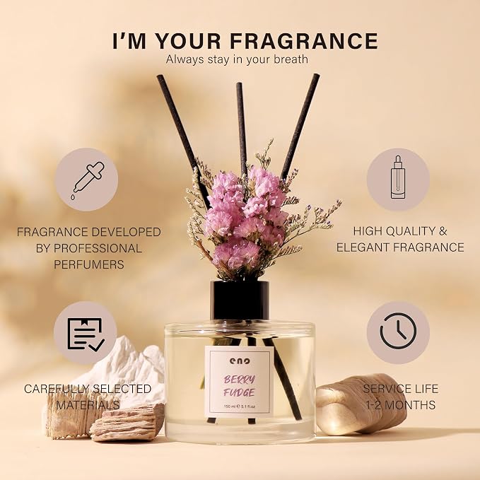 Reed Diffuser Set with Dried Flowers, 5.1 fl oz / 150ml, Berry Fudge - Home Fragrance Diffuser with Sticks for Bathroom Shelf Decor, Bedroom, Office & Gift