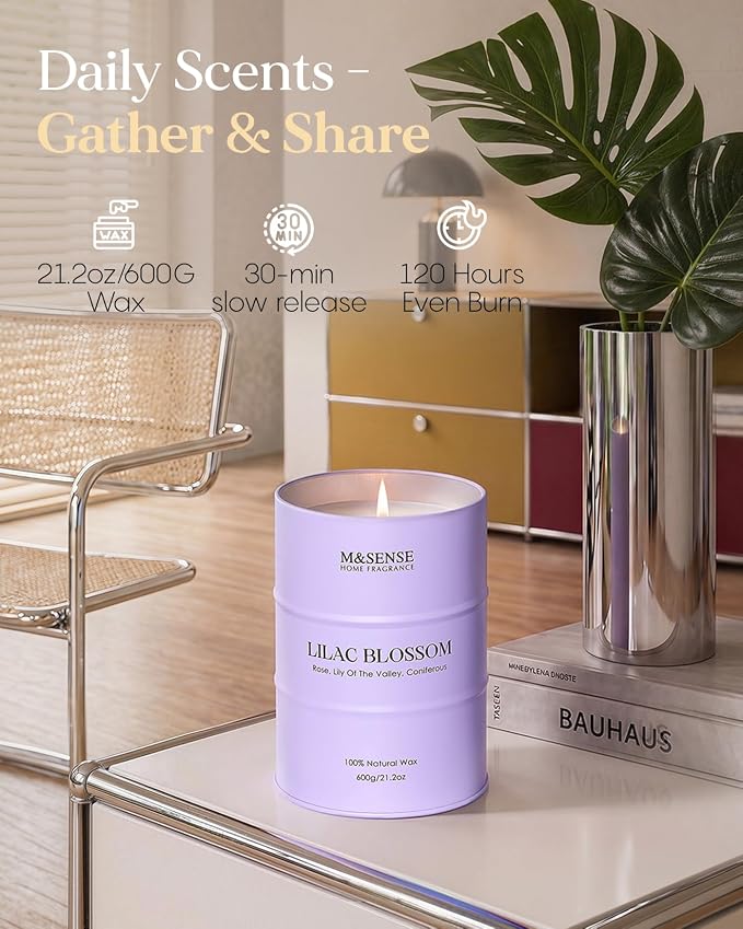 M&SENSE Lilac Blossom Soy Candles for Home Scented, 21.2oz 120 Hour Long Burning Large Aromatherapy Candle for Stress Relief Meditation Yoga Relaxing SPA, Housewarming Gifts for Women