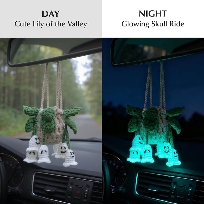 ROFIGL Handmade Crochet Hanging Car Air Freshener - Glow-in-the-Dark Lily of the Valley Plant with 12ml Refillable Essential Oil Diffuser Bottle, Halloween Car Accessories & Bedroom Nightlight Decor