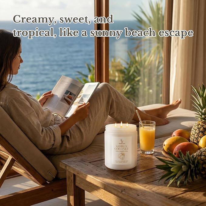 Vanilla Coconut Large Scented Candle, 3-Wick 22oz Long Lasting Scented Candle, Natural Soy Wax Aromatherapy Candle for Home, Candle Gifts for Women Men