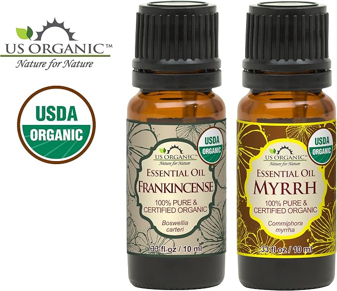 US Organic 100% Pure Myrrh, Frankincense Essential Oil Combo Pack - Directly sourced from The Horn of Africa - USDA Certified Organic - Use Topically or in Diffuser (10 ml Combo)