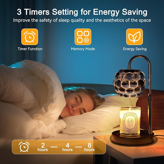Candle Warmer Lamp with Timer Adjustable - Height Candle Warmer, Dimmer, Black Glass Wax Melting Lamps for Home Decor, for Candles in Jars with 2 Bulbs