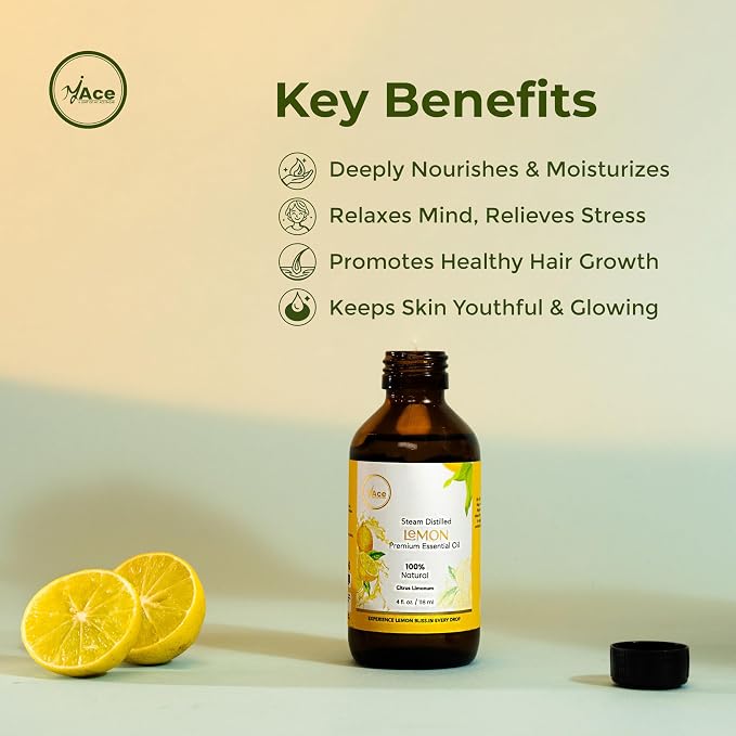 My ACE Lemon Essential Oil 4 Fl Oz - 100% Pure & Natural - Premium Grade for Aromatherapy, Diffuser, Skin, Hair, Massage, Candle & Soap Making, Home - Glass Bottle with Dropper - Long Lasting Scent