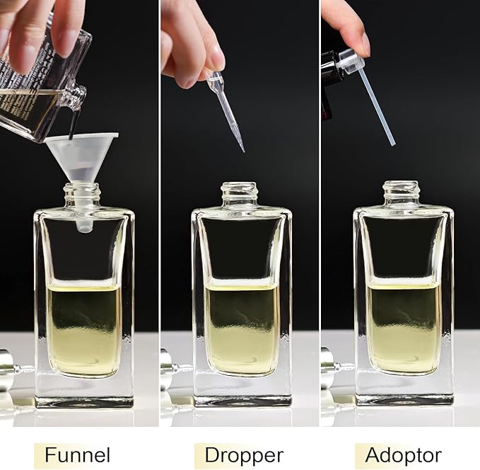 2 Pack 50ml/1.7 Oz Glass Spray Bottle Perfume Atomizer,Empty Travel Refillable Perfume Spray Bottle with 3 Kinds of Dispenser (Black Cap, 50ml)