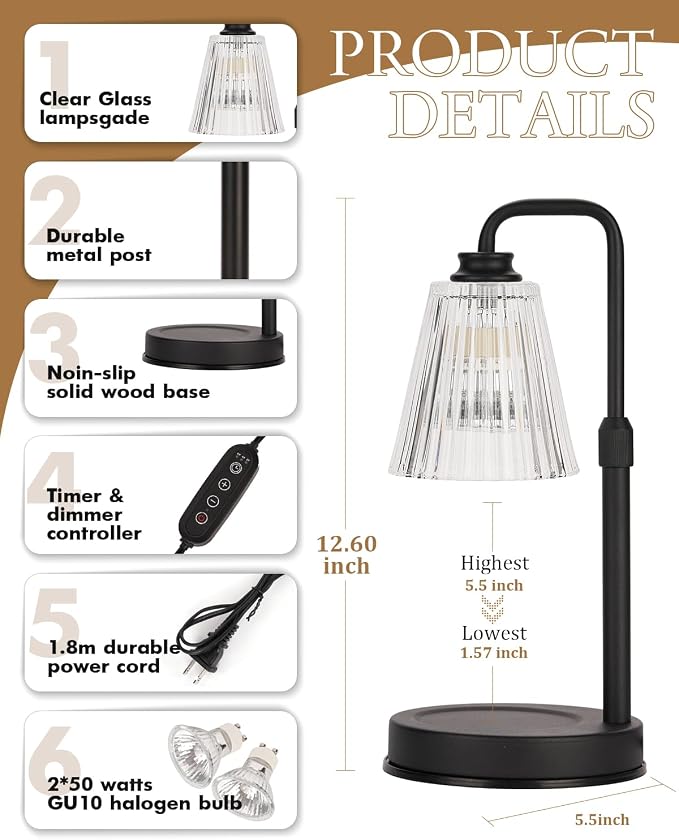 Candle Warmer Lamp with Timer Dimmable Crystal Vertical Stripe,Mothers Day Birthday Gifts for Women Mom, Adjustable Candle Warmer with 2 Bulbs, Black Candle Lamp for Jar Scented Candles, Home Decor