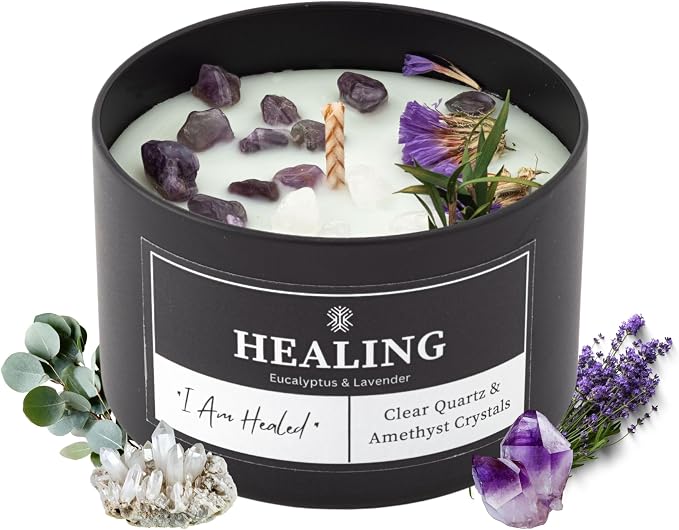 Healing Crystals Candle for Meditation & Room Decor, 8oz, Aromatherapy Candle with Clear Quartz and Amethyst, Eucalyptus & Lavender Essential Oil Scented Candles, Non Toxic Candles for Stress Relief