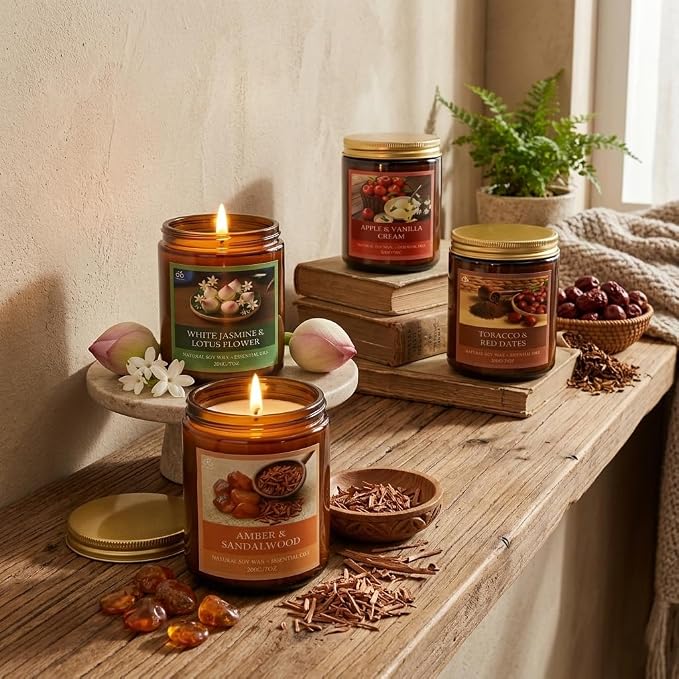 Soy Candles for Home Scented, 4-Pack Gift Set | Amber Sandalwood and Apple Vanilla, 50 Hour Long Burn, Cotton Wick, Aromatherapy, Gifts for Women Mom Birthday Christmas
