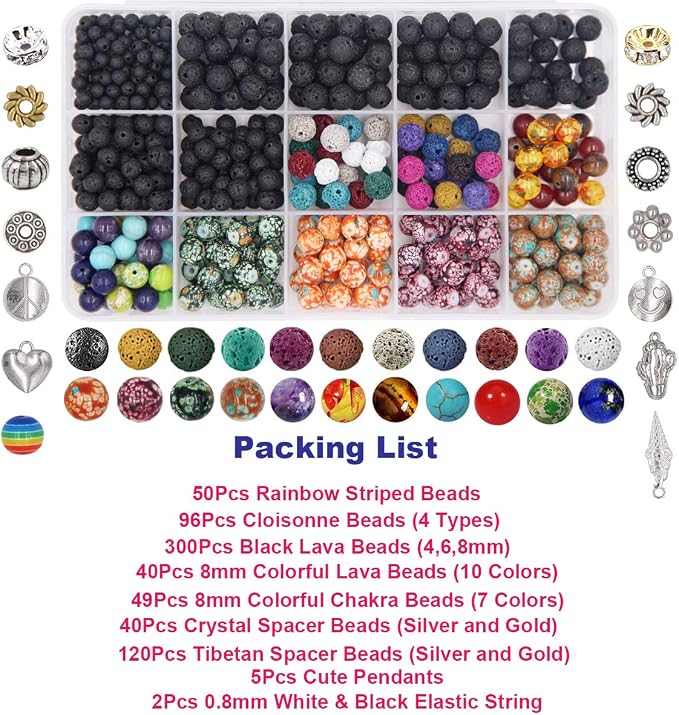 EuTengHao 702Pcs Lava Beads Stone Rock Beads Rainbow Striped Beads Kit with Chakra Beads Cloisonne Beads Spacer Beads Bracelet String Cord for Diffuser Essential Oils Adult Jewelry Making Supplies