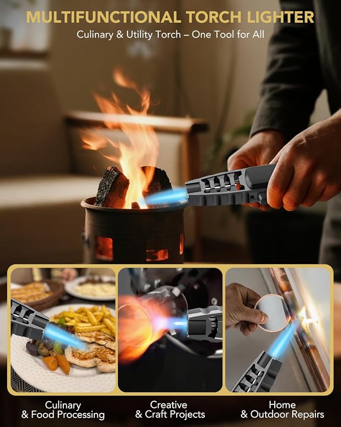 TBTeek Butane Torch Lighter 2 Pack, Adjustable Jet Flame Lighter, Refillable Blow Torch, Cooking Torch with Safety Lock for Kitchen, Baking, Candle, Camping, Black(Gas Not Included)